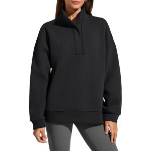 imageG4Free Flurrylux Womens Fleece Lined Sweatshirts Half Zip Dropped Shoulder Oversized Pullover Loose FuzzyBlack