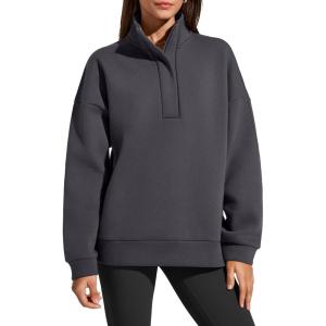 imageG4Free Flurrylux Womens Fleece Lined Sweatshirts Half Zip Dropped Shoulder Oversized Pullover Loose FuzzyDark Gray