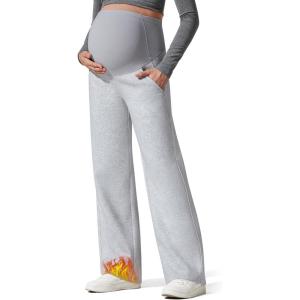 imageG4Free Flurrylux Fleece Lined Maternity Wide Leg Pants Cotton Over The Belly Pregnancy SweatpantsLight Heather