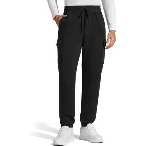 imageG4Free Flurrylux Mens Fleece Lined Joggers Cargo Pants Cotton Warm Drawstring Sweatpants with 4 PocketsBlack