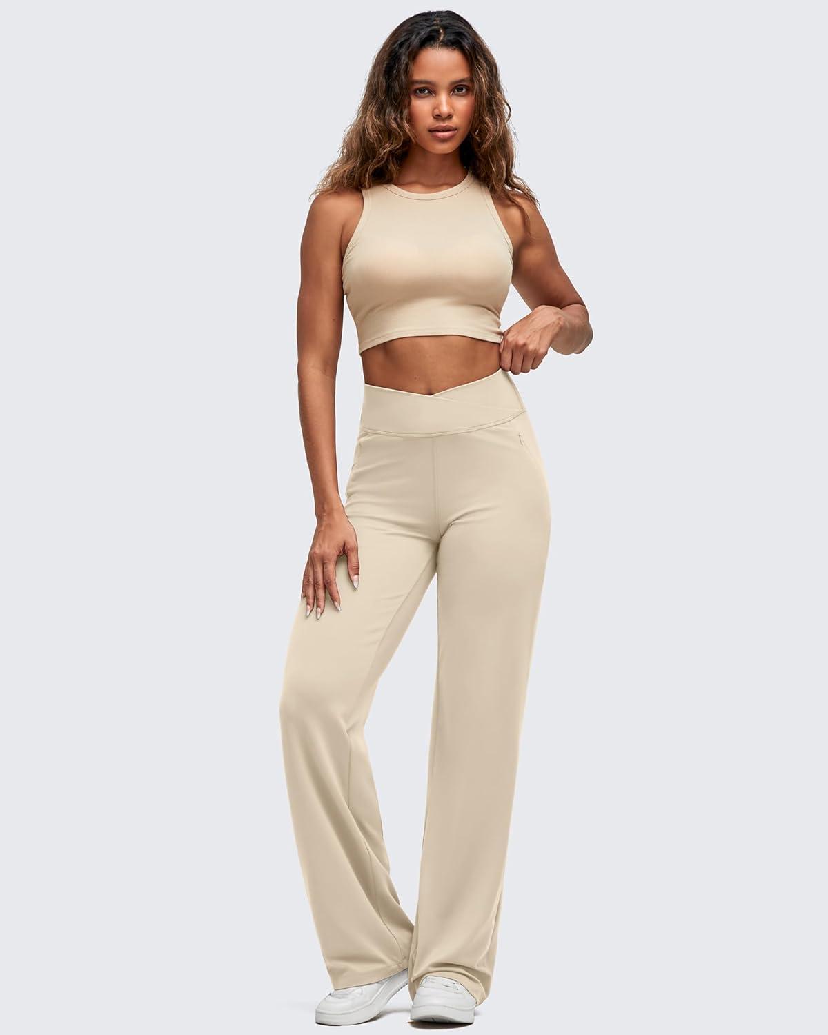 imageG4Free BareFeel Wide Leg Yoga Pants Cross Waist Casual Trousers with Zipper Pockets 29quot31quot33quotLight Khaki