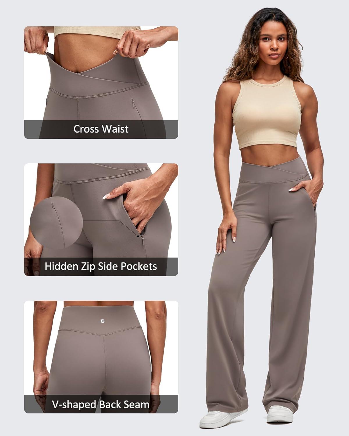 imageG4Free BareFeel Wide Leg Yoga Pants Cross Waist Casual Trousers with Zipper Pockets 29quot31quot33quotTaupe