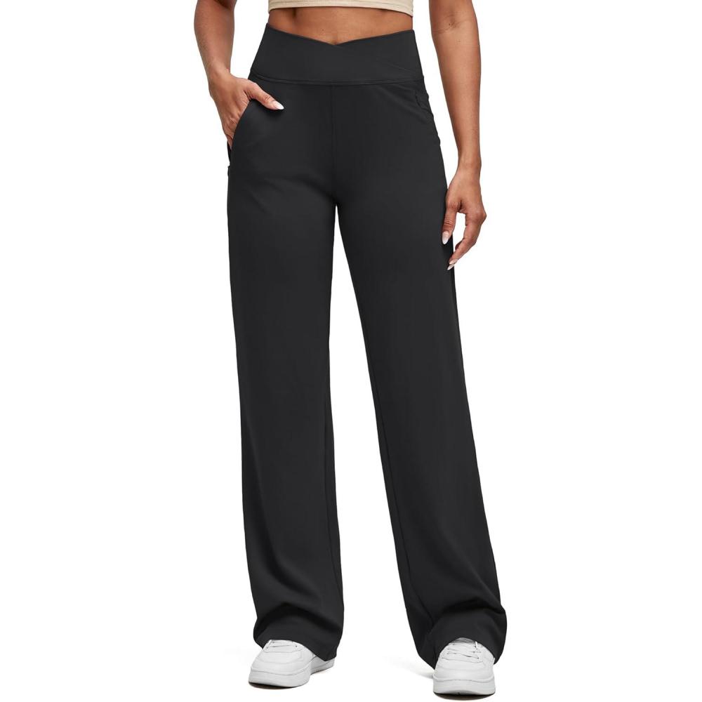 imageG4Free BareFeel Wide Leg Yoga Pants Cross Waist Casual Trousers with Zipper Pockets 29quot31quot33quotBlack