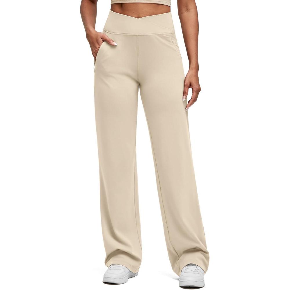 imageG4Free BareFeel Wide Leg Yoga Pants Cross Waist Casual Trousers with Zipper Pockets 29quot31quot33quotLight Khaki