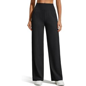 imageG4Free Breathable Ribbed Knit Wide Leg Yoga Pants Women Stretch Yoga Pants High Waist Trouser with PocketsBlack