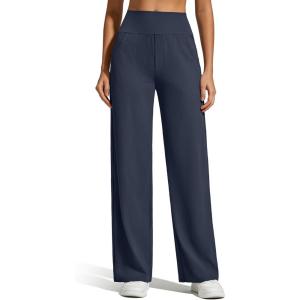 imageG4Free Breathable Ribbed Knit Wide Leg Yoga Pants Women Stretch Yoga Pants High Waist Trouser with PocketsDark Blue