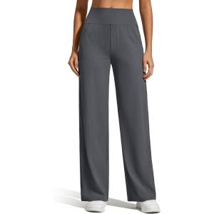 imageG4Free Breathable Ribbed Knit Wide Leg Yoga Pants Women Stretch Yoga Pants High Waist Trouser with PocketsDark Gray