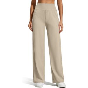 imageG4Free Breathable Ribbed Knit Wide Leg Yoga Pants Women Stretch Yoga Pants High Waist Trouser with PocketsDirty Latte