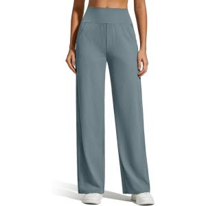 imageG4Free Breathable Ribbed Knit Wide Leg Yoga Pants Women Stretch Yoga Pants High Waist Trouser with PocketsGray Blue