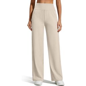 imageG4Free Breathable Ribbed Knit Wide Leg Yoga Pants Women Stretch Yoga Pants High Waist Trouser with PocketsLight Khaki