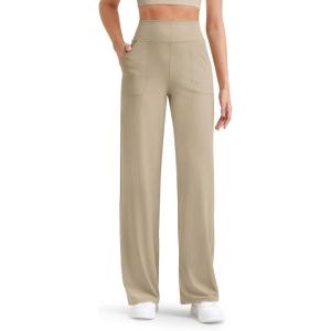 imageG4Free Womnes Ribbed Knit Wide Leg Pants with Pockets Lightweight Stretchy Yoga Pants Casual LoungeDirty Latte