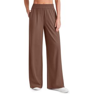 imageG4Free Chillwhisp Lightweight Flowy Wide Leg Pants Women Elastic Waist Drapey Casual Pants with PocketsCoffee Brown