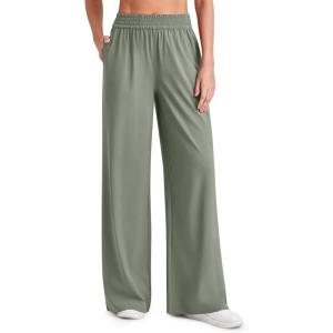 imageG4Free Chillwhisp Lightweight Flowy Wide Leg Pants Women Elastic Waist Drapey Casual Pants with PocketsGray Olive