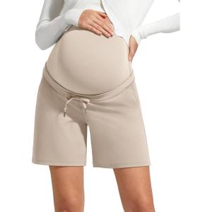 imageG4Free EverGoing Maternity Athletic Shorts with Pockets Over The Belly Drawstring Casual Pregnancy Shorts Yoga WorkoutLight Khaki