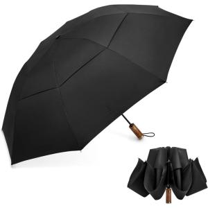 imageG4Free 54 Inch Inverted Windproof Umbrella with Wooden Handle Large Double Canopy Auto Open amp Close Golf Umbrella Portable amp Durable Rain Umbrella Fits Car amp BackpackBlack