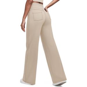 imageG4Free Womens EverGoing Wide Leg Pants Casual High Waisted Yoga Pants with 4 Pockets StretchLight Khaki