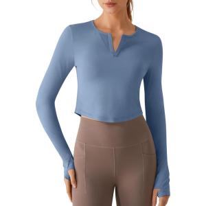 imageG4Free Lightbreeze Women UPF 50 Sun Shirts Thumbholes Long Sleeve Crop Workout Tops V Neck TShirts CasualDusty Blue