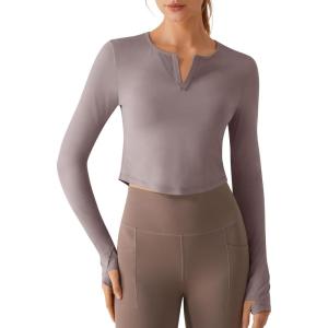 imageG4Free Lightbreeze Women UPF 50 Sun Shirts Thumbholes Long Sleeve Crop Workout Tops V Neck TShirts CasualGray Lilac