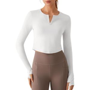 imageG4Free Lightbreeze Women UPF 50 Sun Shirts Thumbholes Long Sleeve Crop Workout Tops V Neck TShirts CasualWhite