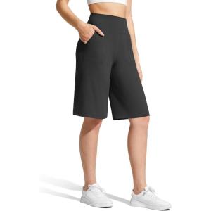 imageG4Free Ribbed Womens 11 Bermuda Shorts with Pockets High Waisted Knee Length Long Shorts Casual WorkoutBlack