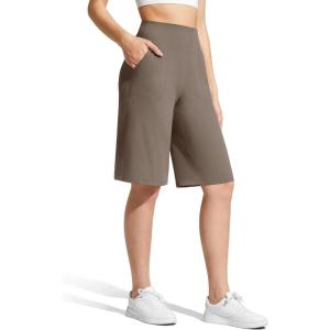 imageG4Free Ribbed Womens 11 Bermuda Shorts with Pockets High Waisted Knee Length Long Shorts Casual WorkoutDark Brown