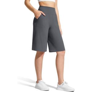 imageG4Free Ribbed Womens 11 Bermuda Shorts with Pockets High Waisted Knee Length Long Shorts Casual WorkoutDark Gray