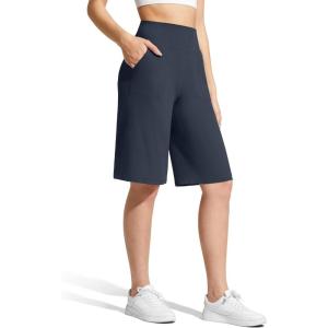 imageG4Free Ribbed Womens 11 Bermuda Shorts with Pockets High Waisted Knee Length Long Shorts Casual WorkoutDark Navy
