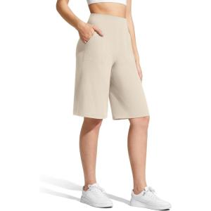 imageG4Free Ribbed Womens 11 Bermuda Shorts with Pockets High Waisted Knee Length Long Shorts Casual WorkoutLight Khaki