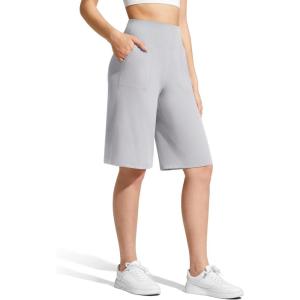 imageG4Free Ribbed Womens 11 Bermuda Shorts with Pockets High Waisted Knee Length Long Shorts Casual WorkoutSilver Gray
