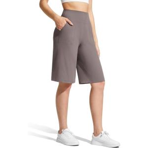 imageG4Free Ribbed Womens 11 Bermuda Shorts with Pockets High Waisted Knee Length Long Shorts Casual WorkoutTaupe