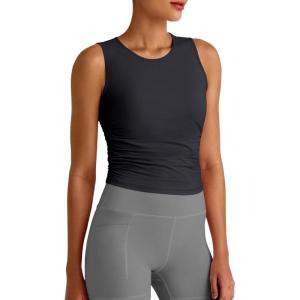 imageG4Free Skimetic Workout Tank Tops for Women Side Ruched Sleeveless High Neck Crop Top Summer Athletic Gym ShirtsBlack