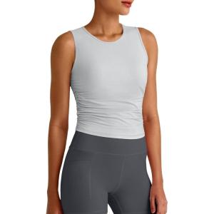 imageG4Free Skimetic Workout Tank Tops for Women Side Ruched Sleeveless High Neck Crop Top Summer Athletic Gym ShirtsGray