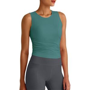imageG4Free Skimetic Workout Tank Tops for Women Side Ruched Sleeveless High Neck Crop Top Summer Athletic Gym ShirtsMyrtle Green