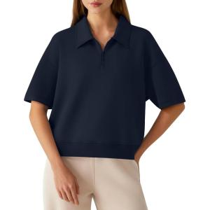 imageG4Free Smoofit Modal Soft Polo Shirts for Women Zip Up Short Sleeve Tops Loose Fit for Casual Business WorkDark Navy