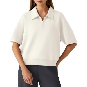 imageG4Free Smoofit Modal Soft Polo Shirts for Women Zip Up Short Sleeve Tops Loose Fit for Casual Business WorkIvory