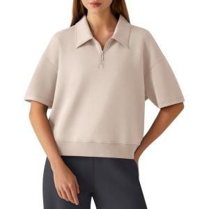 imageG4Free Smoofit Modal Soft Polo Shirts for Women Zip Up Short Sleeve Tops Loose Fit for Casual Business WorkLight Khaki