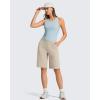 imageG4Free Ribbed Bermuda Shorts for Women 10 High Waisted Crossover Shorts with Pockets for Workout Casual SummerLight Khaki