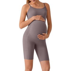 imageG4Free BareFeel Built in Bra Maternity Romper Cut Out Back Pregnancy Jumpsuit with Pockets Workout CasualTaupe