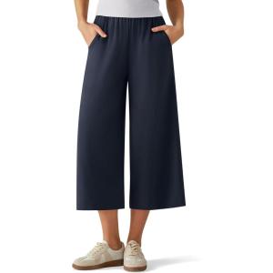 imageG4Free Chillwhisp Flowy Capri Pants for Women Lightweight Wide Leg Palazzo Cropped Pants Elastic Waist Yoga CaprisDark Navy
