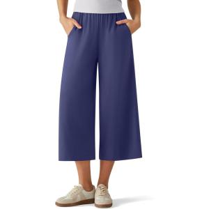 imageG4Free Chillwhisp Flowy Capri Pants for Women Lightweight Wide Leg Palazzo Cropped Pants Elastic Waist Yoga CaprisDusky Purple