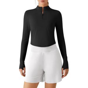 imageG4Free Lightbreeze Womens UPF 50 Sun Shirts Long Sleeve Crop Workout Tops Thumbholes Mock Neck Quater Zip Tees RunningBlack