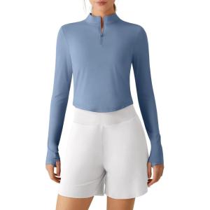 imageG4Free Lightbreeze Womens UPF 50 Sun Shirts Long Sleeve Crop Workout Tops Thumbholes Mock Neck Quater Zip Tees RunningDusty Blue