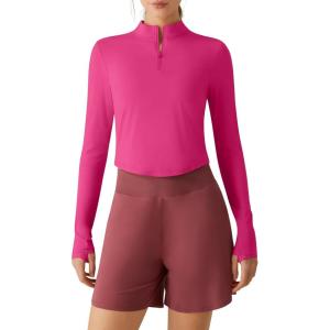 imageG4Free Lightbreeze Womens UPF 50 Sun Shirts Long Sleeve Crop Workout Tops Thumbholes Mock Neck Quater Zip Tees RunningHot Pink