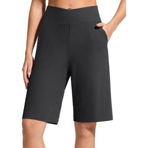 imageG4Free Ribbed Bermuda Shorts for Women 10 High Waisted Crossover Shorts with Pockets for Workout Casual SummerBlack
