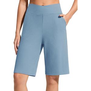 imageG4Free Ribbed Bermuda Shorts for Women 10 High Waisted Crossover Shorts with Pockets for Workout Casual SummerDusty Blue
