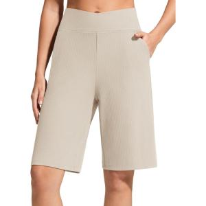 imageG4Free Ribbed Bermuda Shorts for Women 10 High Waisted Crossover Shorts with Pockets for Workout Casual SummerLight Khaki