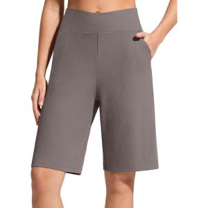 imageG4Free Ribbed Bermuda Shorts for Women 10 High Waisted Crossover Shorts with Pockets for Workout Casual SummerTaupe