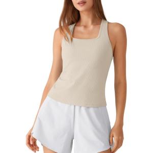 imageG4Free Ribbed Removable Built in Bra Workout Tank Tops Woman Racerback Square Neck Yoga Top Lightweight Athletic TanksLight Khaki