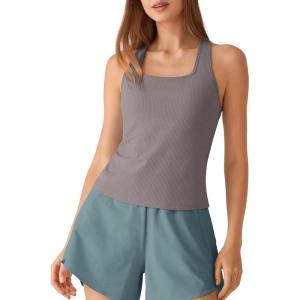 imageG4Free Ribbed Removable Built in Bra Workout Tank Tops Woman Racerback Square Neck Yoga Top Lightweight Athletic TanksTaupe