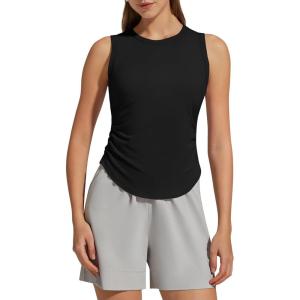 imageG4Free Ruched Side Workout Tank Tops Woman High Neck Waist Length Gym Tanks Soft Relaxed Fit for TrainingBlack